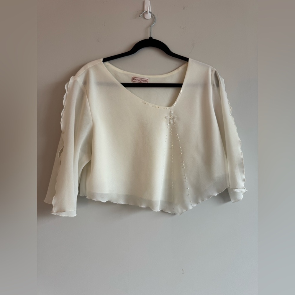 Vintage Rouchelle White Chiffon Crop Beaded Flutter Sleeve Fairy Cottage Blouse